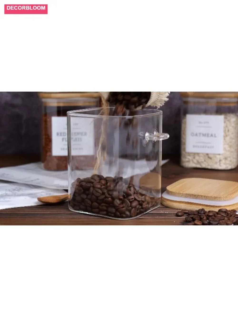 Set of 4 Square Glass Jars with Bamboo Lids and Spoons - Airtight 27 oz